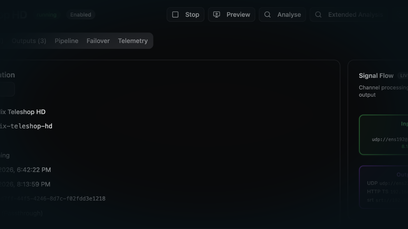 NoSignal channel detail page with signal flow, actions, and output paths.
