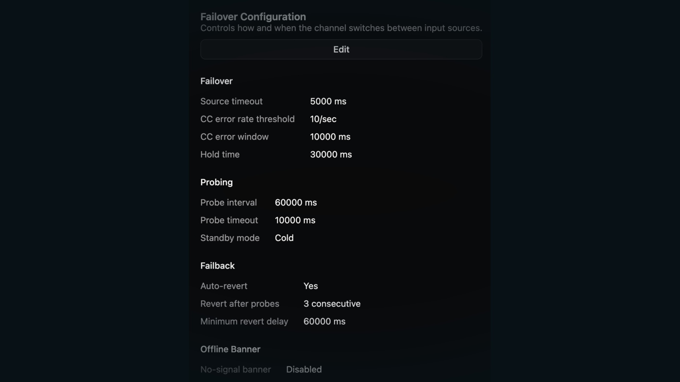 NoSignal failover configuration with timeout, probes, revert, and anti-flap settings.