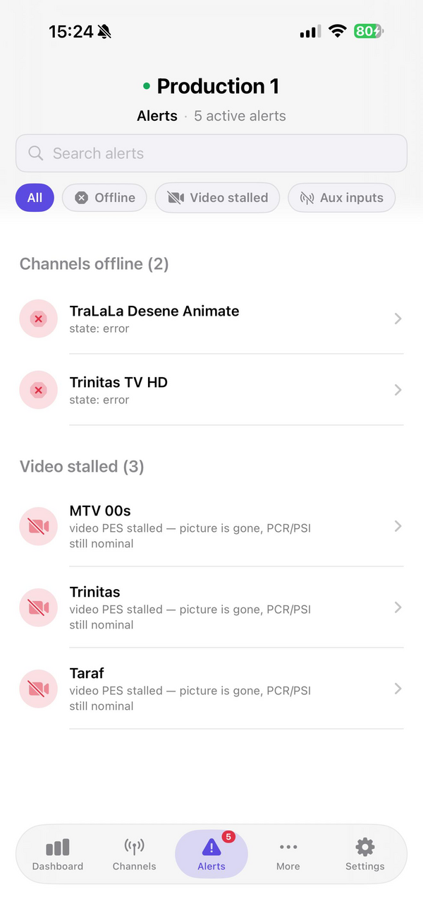Alerte iOS NoSignal: canale offline, video blocat și probleme la intrările auxiliare.