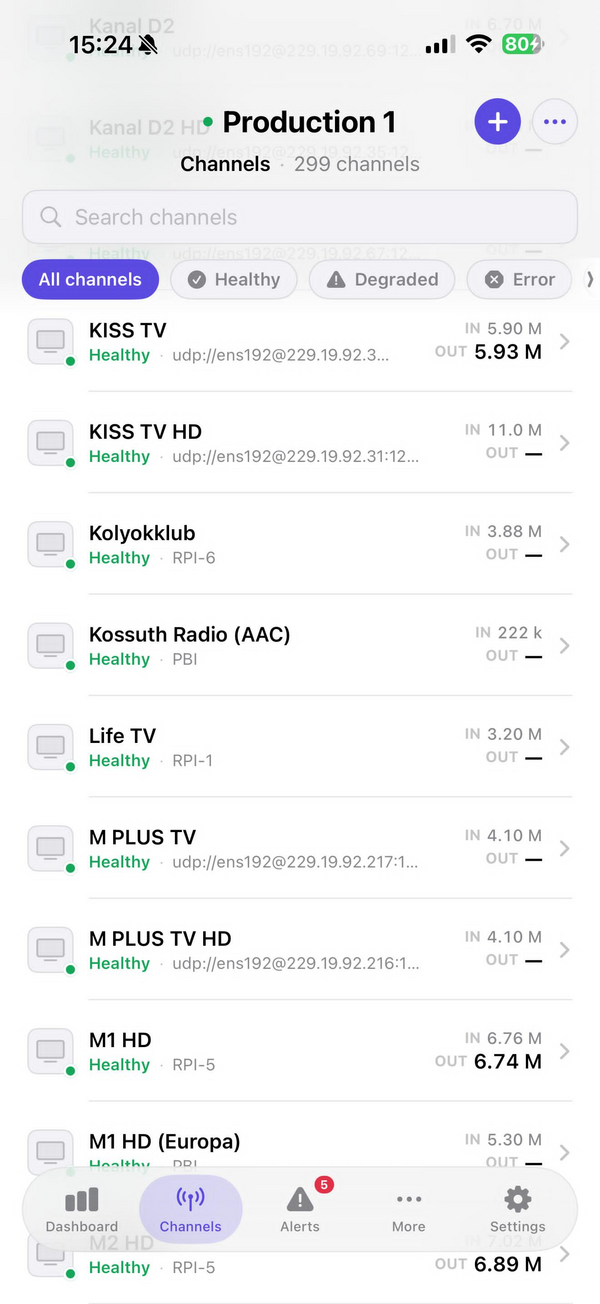 Lista de canale iOS NoSignal cu starea fiecărui canal, sursa de intrare și bitrate intrare/ieșire.