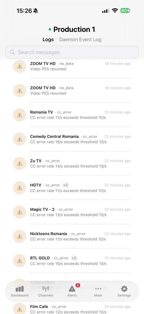 Jurnalul de evenimente iOS NoSignal cu erori CC, lipsă date și alerte de schimbare PID.
